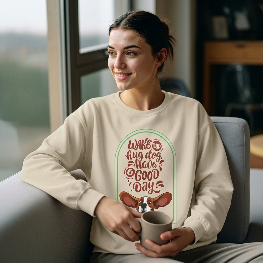 Crewneck Sweatshirt - "Wake Up, Hug A Dog, Have A Good Day" Cute Basset Hound Design