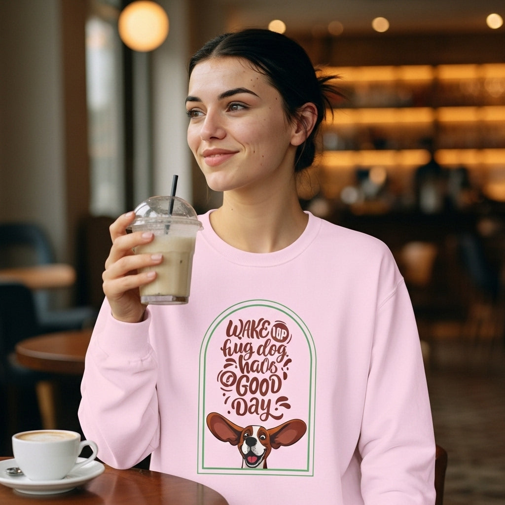 Crewneck Sweatshirt - "Wake Up, Hug A Dog, Have A Good Day" Cute Basset Hound Design