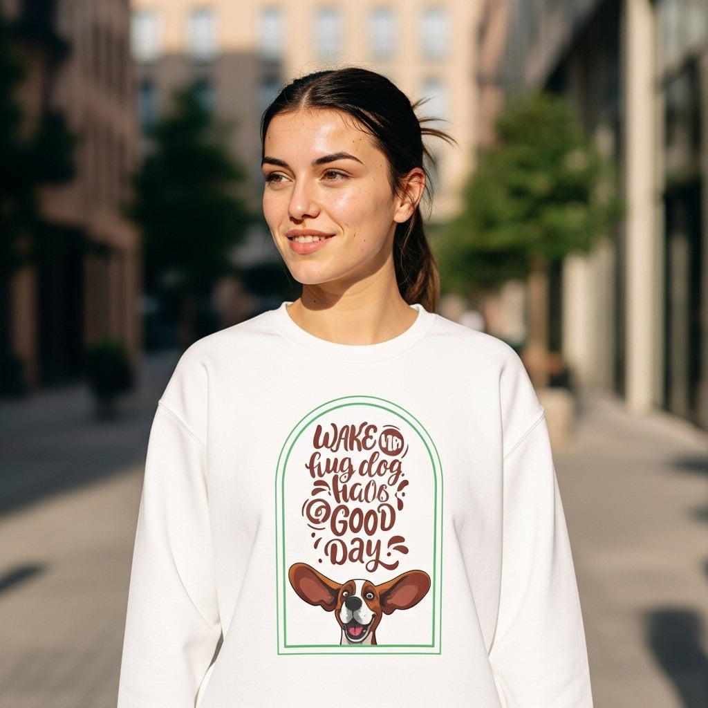 Crewneck Sweatshirt - "Wake Up, Hug A Dog, Have A Good Day" Cute Basset Hound Design
