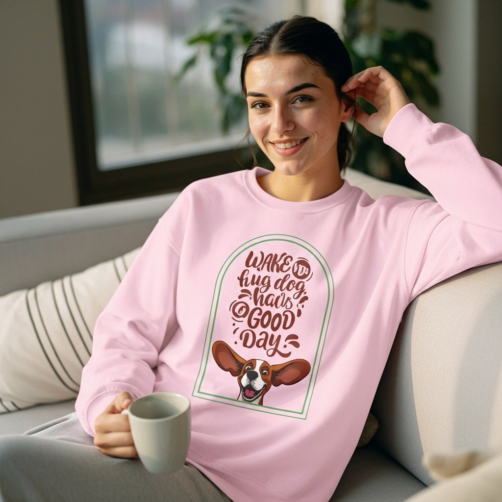 Crewneck Sweatshirt - "Wake Up, Hug A Dog, Have A Good Day" Cute Basset Hound Design