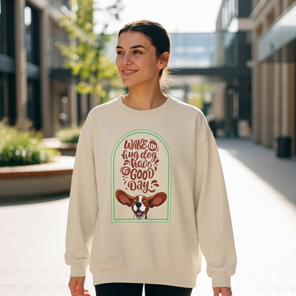 Crewneck Sweatshirt - "Wake Up, Hug A Dog, Have A Good Day" Cute Basset Hound Design