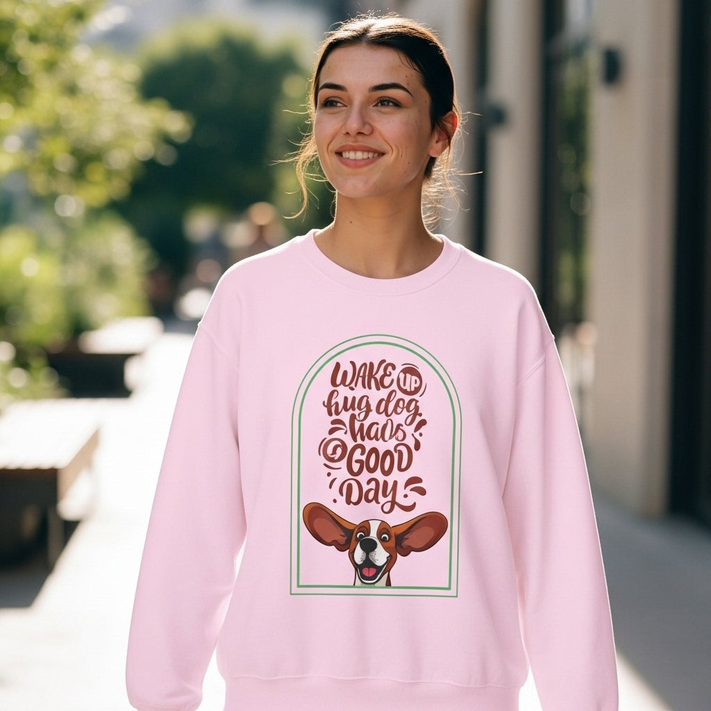 Crewneck Sweatshirt - "Wake Up, Hug A Dog, Have A Good Day" Cute Basset Hound Design