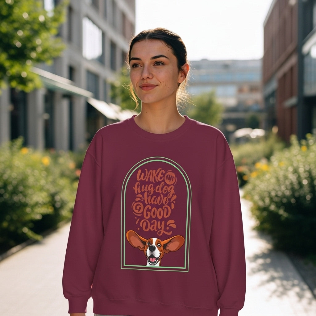 Crewneck Sweatshirt - "Wake Up, Hug A Dog, Have A Good Day" Cute Basset Hound Design