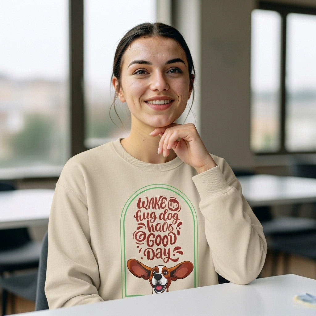 Crewneck Sweatshirt - "Wake Up, Hug A Dog, Have A Good Day" Cute Basset Hound Design