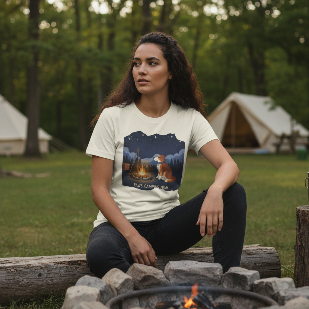 Camping Dog T-Shirt — "Paws Camping Night" Graphic Tee