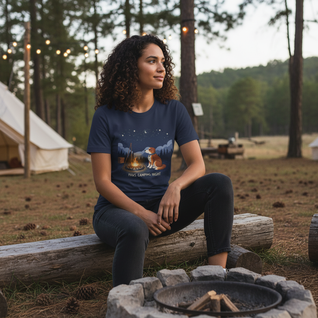 Camping Dog T-Shirt — "Paws Camping Night" Graphic Tee
