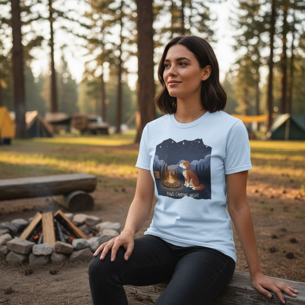 Camping Dog T-Shirt — "Paws Camping Night" Graphic Tee