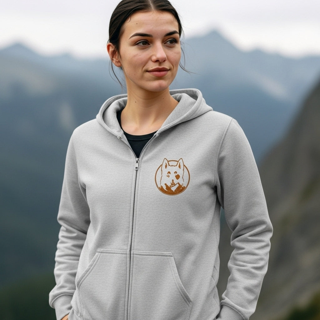 Black Full-Zip Hoodie with Rustic Wolf Crest – Mens Womens Animal Lover Zip-Up