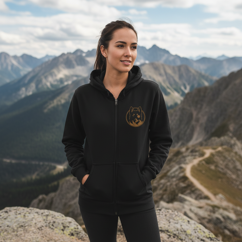 Black Full-Zip Hoodie with Rustic Wolf Crest – Mens Womens Animal Lover Zip-Up