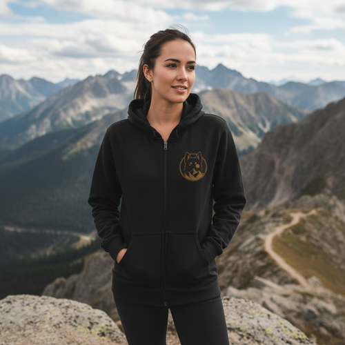 Black Full-Zip Hoodie with Rustic Wolf Crest – Mens Womens Animal Lover Zip-Up