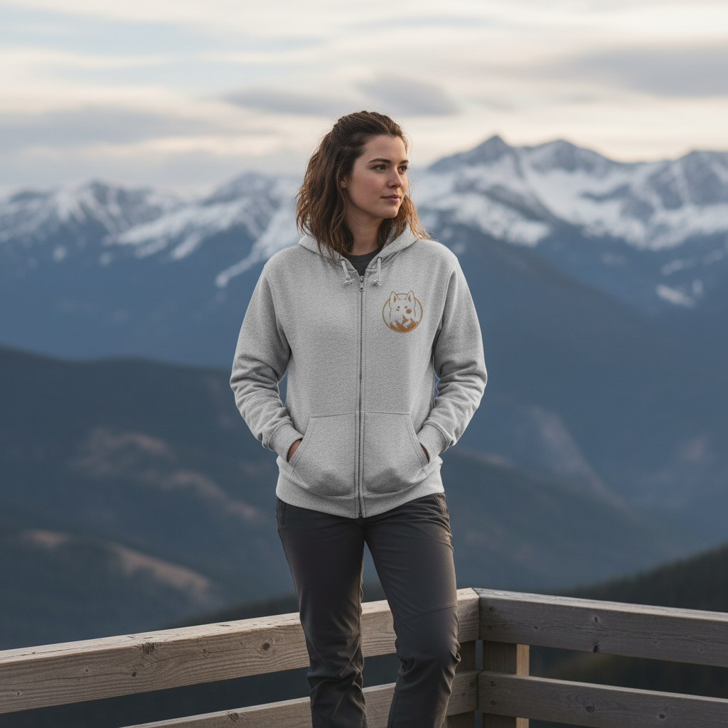 Black Full-Zip Hoodie with Rustic Wolf Crest – Mens Womens Animal Lover Zip-Up