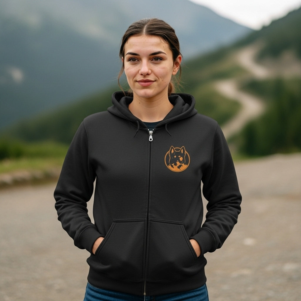 Black Full-Zip Hoodie with Rustic Wolf Crest – Mens Womens Animal Lover Zip-Up